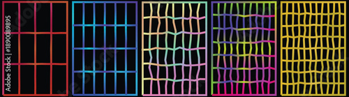 abstract multicolor hand drawn grid line patterns on black background modern geometric texture set