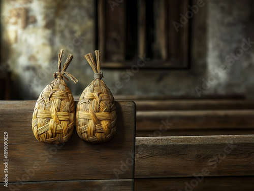 A weathered wooden church pew with woven palm crosses placed in quiet devotion