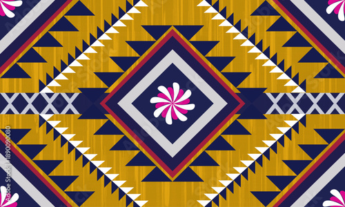 Bold geometric tribal pattern with diamond symmetry, navy blue and golden yellow tones, inspired by ethnic textile art, perfect for fabric design, wallpaper, backgrounds, and modern decor.