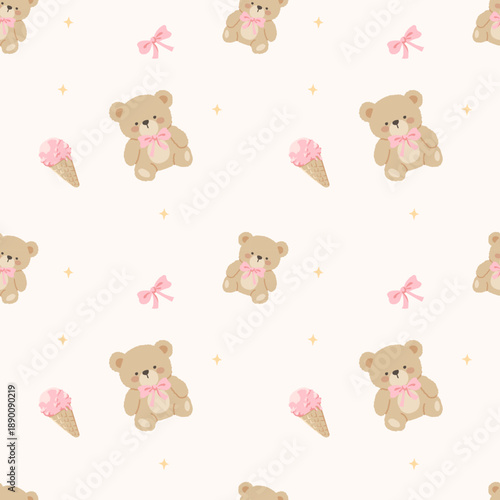 Cute Teddy Bear with Pink Ribbon and Ice Cream Seamless Pattern on Cream Background