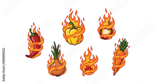 Assortment of vegetables including chili pepper, bell pepper, onion, and carrot, wrapped in flames, representing intense heat, spicy flavors, and vibrant culinary expe...