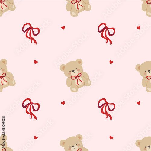 Lovely Teddy Bear with Red Bows and Hearts Seamless Pattern on Pink Background