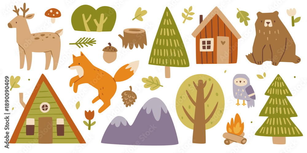 Fototapeta premium Woodland doodle set. Cartoon forest cozy collection. Cute woodland bundle.
