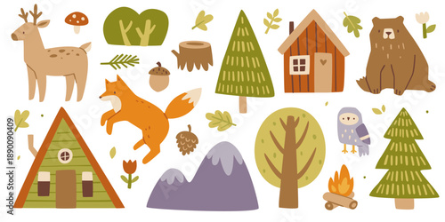 Woodland doodle set. Cartoon forest cozy collection. Cute woodland bundle.