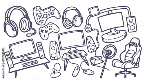 Collection of gaming equipment doodles including computers controllers and headphones hand-drawn vector illustration for esports and technology concepts