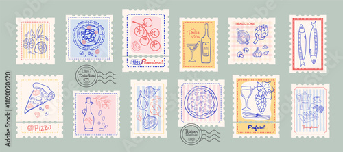 Italian food stamp set. Summer holiday hand drawn doodle vintage postage emblem. Post label vector illustration.