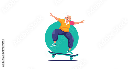 A smiling elderly woman performs a skateboarding trick, showcasing a youthful spirit, active retirement, and the joy of pursuing hobbies with energy and enthusiasm.