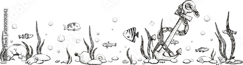 A black and white graphic banner featuring fish and shipwreck items. Vector illustration featuring fish, shells, an anchor, and utensils. Hand-drawn ink illustration for various printed materials.