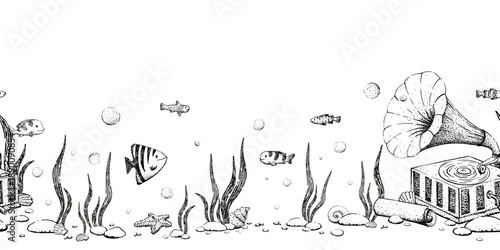 Seamless black and white seabed border. Vector illustration with seaweed, fish, shells, and a musical instrument. Ink drawing for cards and invitations.