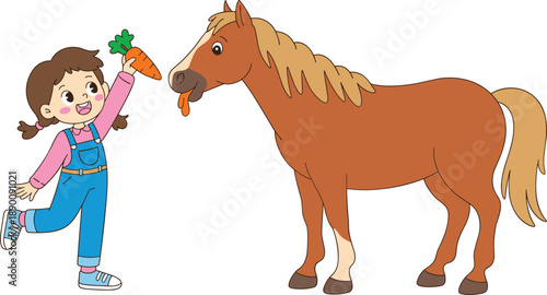 Cute girl feeding a horse with a carrot, happy child and friendly animal interaction, farm animal care, adorable cartoon illustration
