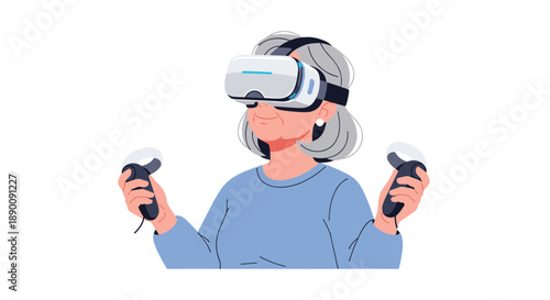An older woman wearing a VR headset and holding controllers, immersed in virtual reality, exploring technology, gaming, and engaging in futuristic entertainment.