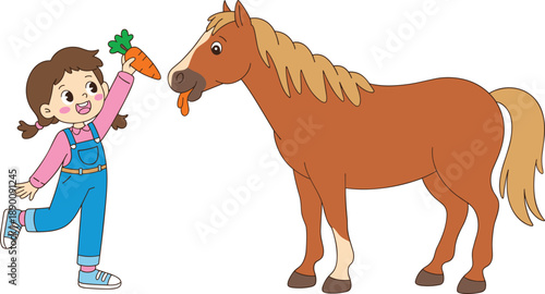 Cute girl feeding a horse with a carrot, happy child and friendly animal interaction, farm animal care, adorable cartoon illustration