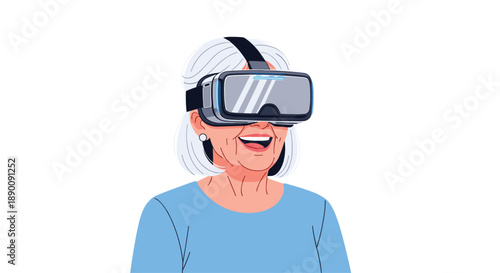 Joyful elderly woman laughing while wearing a VR headset, experiencing virtual reality with excitement, embracing new technology, and enjoying immersive digital advent...