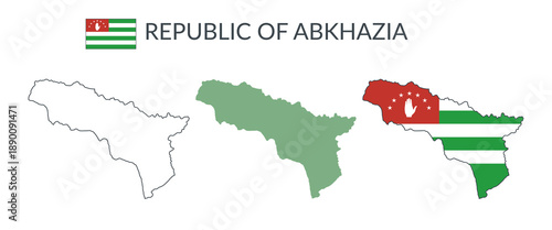 Republic of Abkhazia geographical borders isolated on white background. Flag of Republic of Abkhazia. Vector flat cliparts.