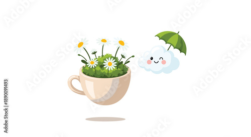 Whimsical illustration of a teacup overflowing with vibrant green grass and delicate white daisies, accompanied by a cute, smiling cloud holding a green umbrella, symb...