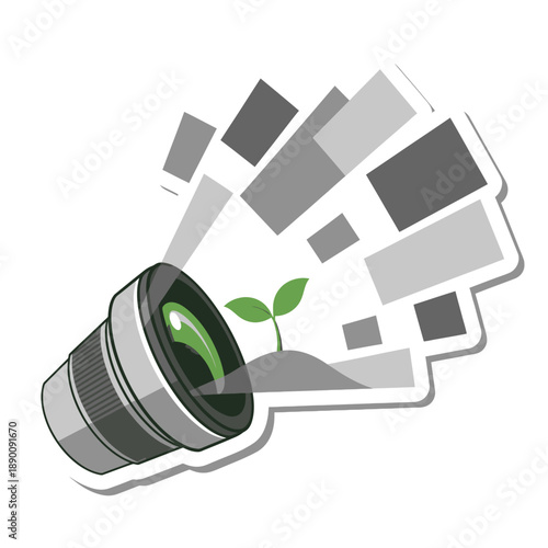 Camera lens focusing on growing plant through digital photo frames