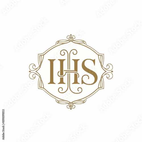 Elegant IHS Monogram Emblem Religious Symbol Gold Ornament.
