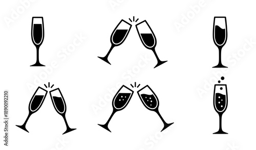 Minimal champagne glass silhouette icons vector celebration set