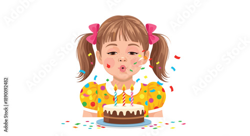 Cute girl with pigtails wearing a colorful dress and party hat, blowing out candles on a chocolate birthday cake amidst falling confetti.