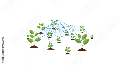 Small green sprouts growing from soil, interconnected by a complex digital network of glowing nodes and lines, symbolizing smart agriculture.