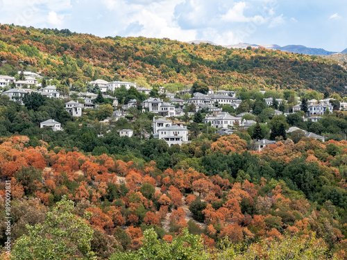 Autumn landscape of Monodendri village in Zagori, Greece