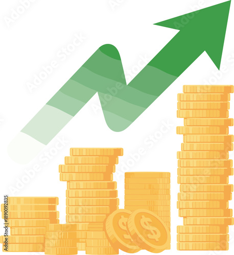 Financial growth concept with rising green arrow and stacked gold coins, business profit increase, investment success, revenue growth illustration