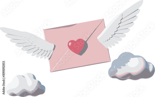 Flying pink love envelope with wings, romantic message illustration, valentine email concept, cute cartoon design, sky clouds background vector art