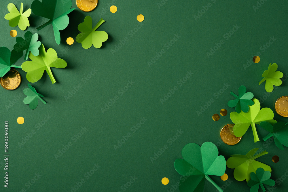 Fototapeta premium Lush green background with shamrock shapes and gold coins evokes St Patrick's Day celebration and festive greeting, capturing luck, Irish heritage, and seasonal spirit.
