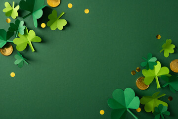 Lush green background with shamrock shapes and gold coins evokes St Patrick's Day celebration and festive greeting, capturing luck, Irish heritage, and seasonal spirit.