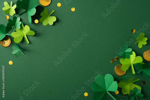 Фотография Lush green background with shamrock shapes and gold coins evokes St Patrick's Day celebration and festive greeting, capturing luck, Irish heritage, and seasonal spirit