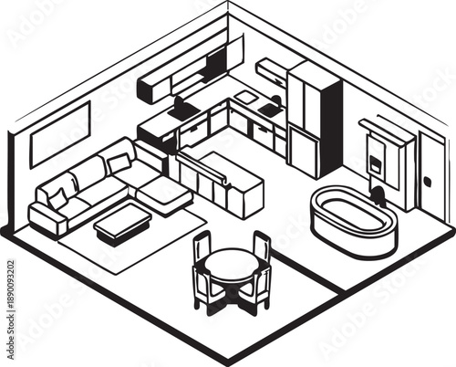 Isometric apartment floor plan vector illustration: living room, kitchen, and bathroom design eps silhouette
