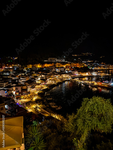 Night view of Parga town and harbour from the fortress, Greece