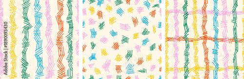 Set of crosshatch texture seamless pattern. Hand drawn pencil line, bright confetti color and crayon childish hatch style. Vector pattern collection.