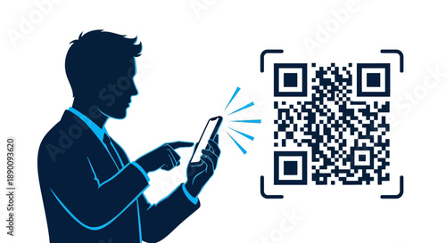 Businessman scanning QR code with smartphone in modern workspace