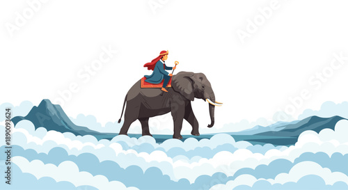 Artistic depiction of a regal figure in a crown and blue robe riding an elephant above a sea of clouds and distant mountains, suggesting royalty, journey, and fantasy.