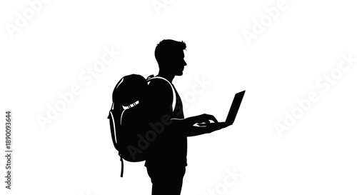 Young man with backpack working on laptop in modern setting