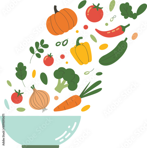 Fresh vegetables falling into bowl illustration, healthy cooking food concept, organic ingredients preparation, vegetarian diet nutrition, flat vector design isolated on white background