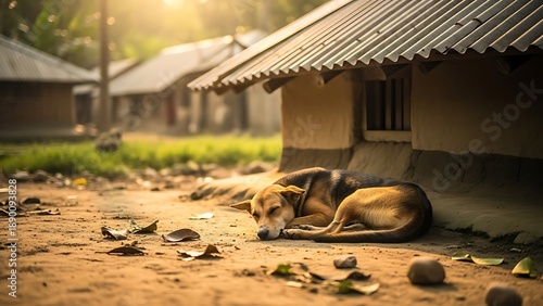 Dog sleeping peacefully outside rural home at sunset