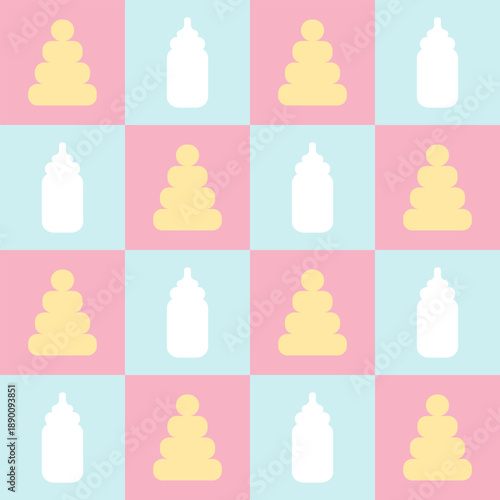 Seamless baby pattern with milk bottle and baby food icons on pastel pink and blue background. Flat minimal illustration for nursery design, textile, wrapping paper, and child products.
