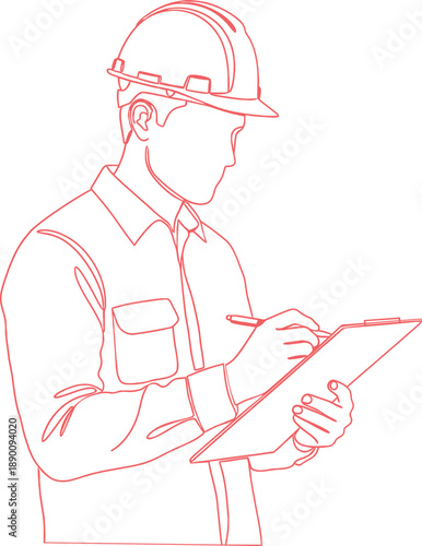 Outline drawing of a construction worker or engineer in a hard hat writing on a clipboard