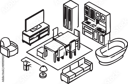 Isometric furniture vector illustration: living room, dining room, kitchen, and bathroom eps silhouette