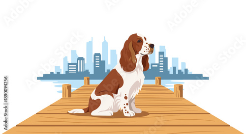 Adorable Basset Hound dog sitting on a wooden pier with a cityscape in the background, creating a charming scene of a pet enjoying an urban waterfront.