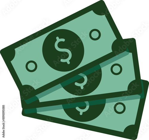Green dollar banknotes illustration, cash money stack icon, financial wealth concept, income savings symbol, flat design isolated on white background
