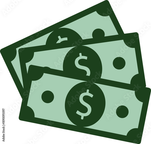 Green dollar banknotes illustration, cash money stack icon, financial wealth concept, income savings symbol, flat design isolated on white background