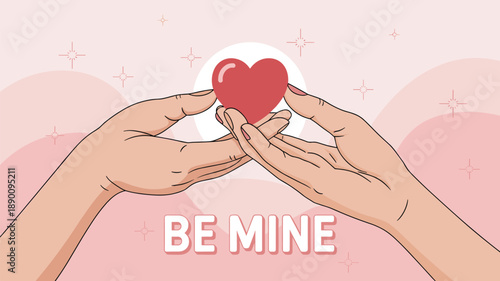 Hands holding heart love illustration, be mine romantic message design, valentine relationship concept, affection symbol, cute flat style on pastel background