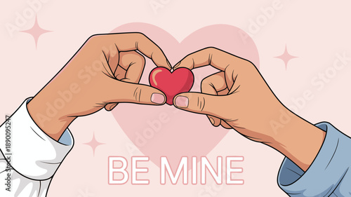 Hands holding heart love illustration, be mine romantic message design, valentine relationship concept, affection symbol, cute flat style on pastel background