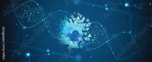 Futuristic genetic hexagons, DNA strands, connected neural web
