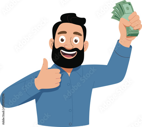 Happy bearded man holding cash money and showing thumbs up, financial success concept isolated on white background