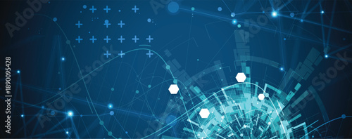 Futuristic genetic hexagons, DNA strands, connected neural web