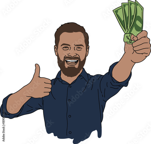 Happy bearded man holding cash money and showing thumbs up, financial success concept isolated on white background